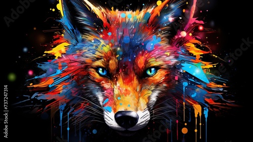 a colorful fox face with bright paint splatters © X-Poser