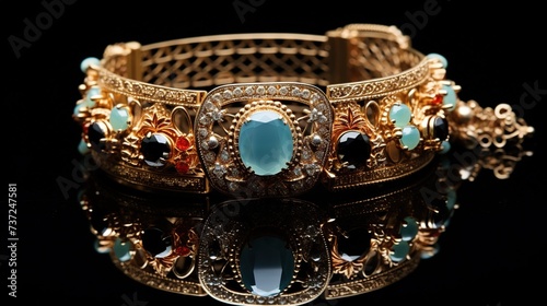 ai generative close up image of an gold bangles there are red and blue stones on it high quality image