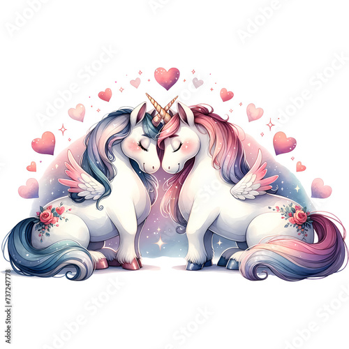 Cute unicorns in love with hearts isolated on white background.