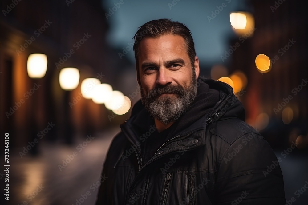 Portrait of a handsome bearded man in a city street at night Portrait of a handsome bearded man in a city street at night