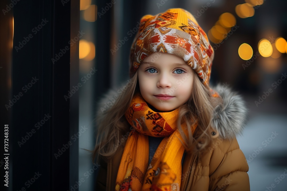 Portrait of a cute little girl in a warm hat and scarf.