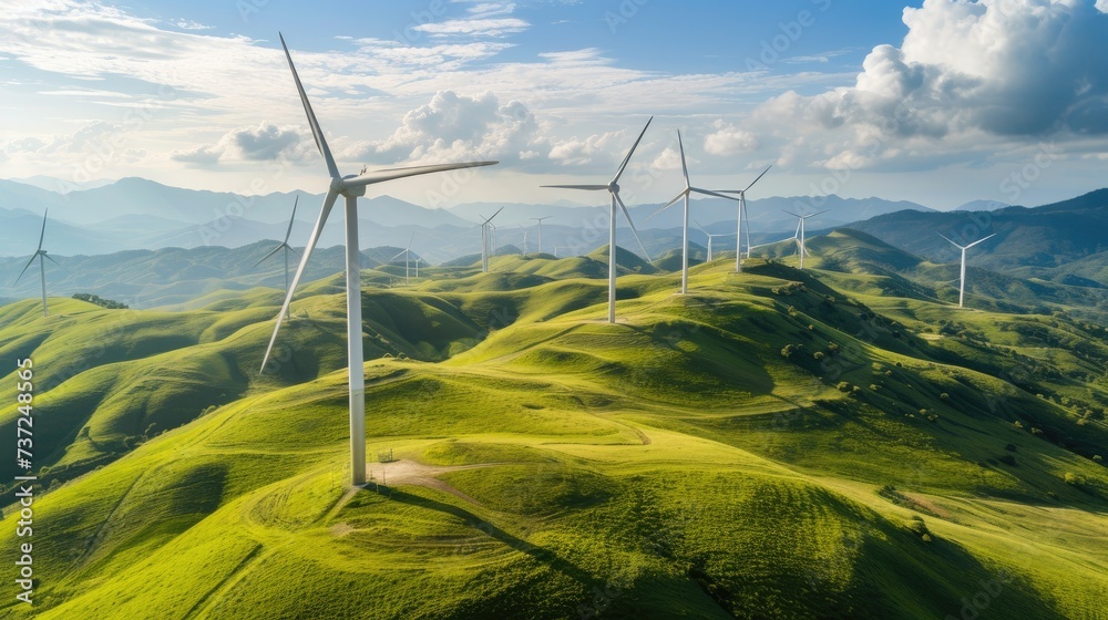 Wind farm with turbines on top of hill aerial view on a sunny day.. Wind farm with turbines on top of hill aerial view on a sunny day..
