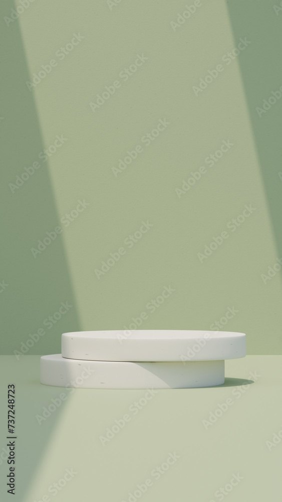 Minimal circle podium scene with a green portrait backdrop template rendered in 3D Minimal circle podium scene with a green portrait backdrop template rendered in 3D