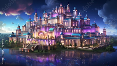 a blue castle lit up with purple lights