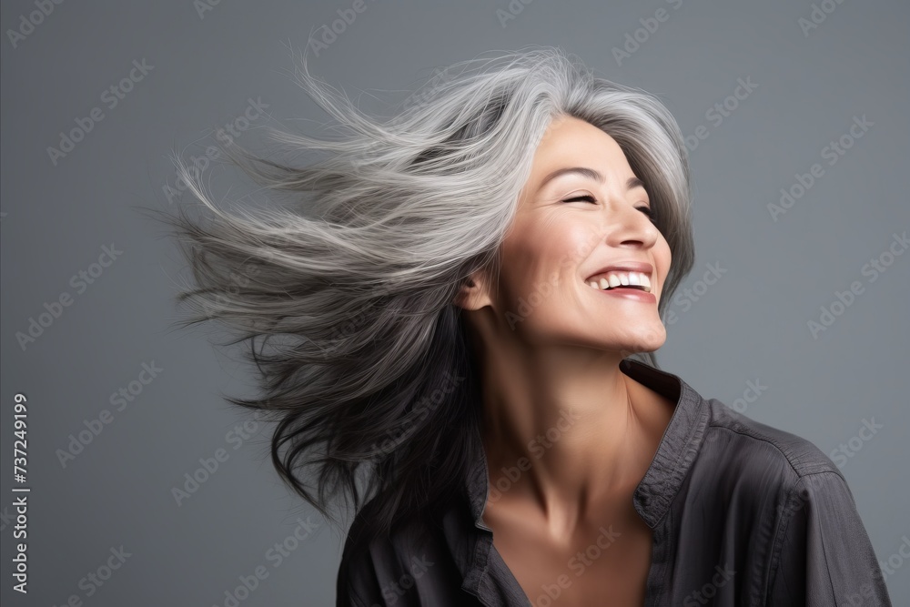 Portrait of a happy woman with her hair flying in the air