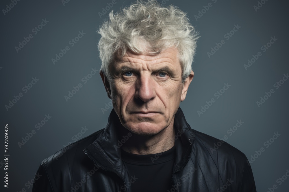 Portrait of a senior man wearing a black leather jacket. Studio shot.