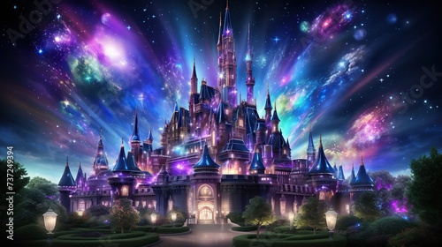a big castle with purple starry sky