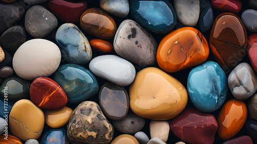 Close-up of colorful polished pebbles, close-up of stone