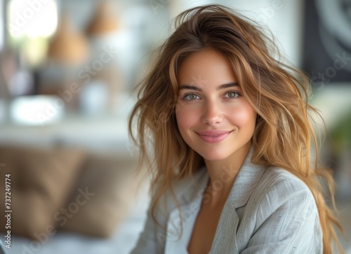 A happy woman with layered, blond, long hair is smiling and looking directly at the camera, showcasing her beautiful face with defined jawline and arched eyebrows