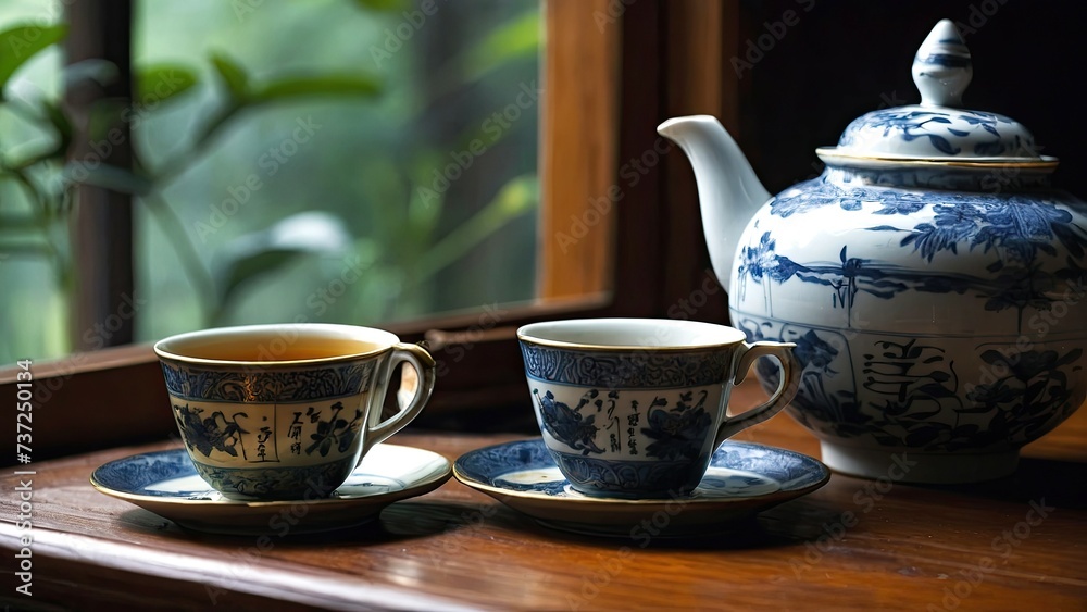 Brewing tea in the morning on the table with a view of green plantations Brewing tea in the morning on the table with a view of green plantations