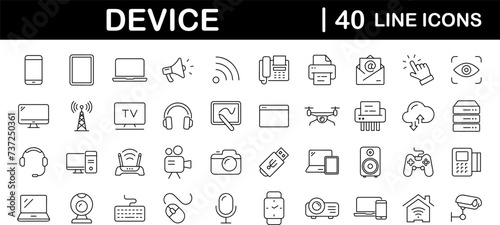 Devices set of web icons in line style. Electronic devices and gadgets icons for web and mobile app. Smart devices, technology, computer monitor, smartphone, tablet, laptop, drone. Vector illustration