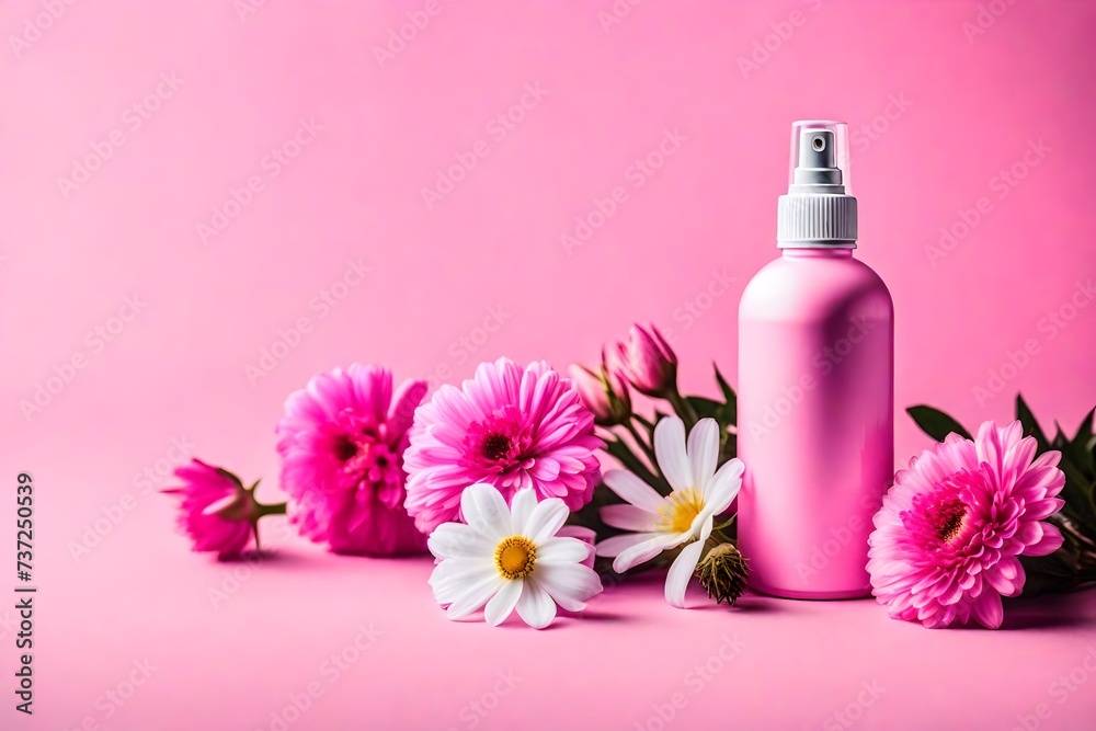 pink cosmetic spray bottle with minimalist floral background , packaging and advertising mockup pink cosmetic spray bottle with minimalist floral background , packaging and advertising mockup