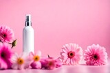 pink cosmetic spray bottle with minimalist floral background  , packaging and advertising mockup