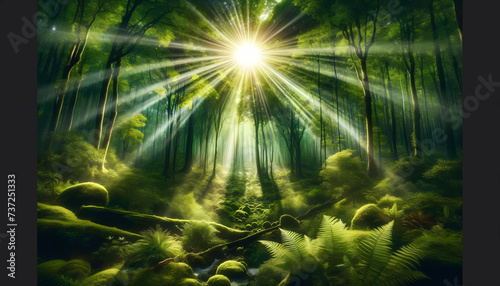 Envision a lush green forest, vibrant and full of life, with beams of sunlight piercing through the dense canopy above, creating a magical interplay