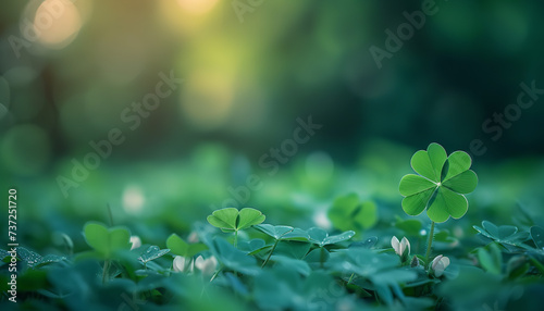 A single four-leaf clover stands out in a field of three-leaf clovers, symbolizing luck and rarity among the ordinary - wide format