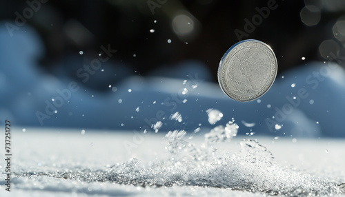 A coin is captured in mid-air during a toss - symbolizing the 50/50 chance and unpredictability of outcomes - wide format photo