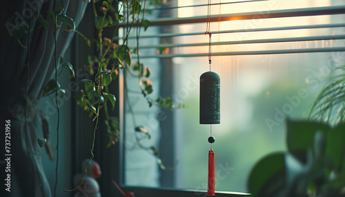 A Feng Shui wind chime hangs by a window - its soft tinkling sounds believed to attract positive energy and good luck - wide format