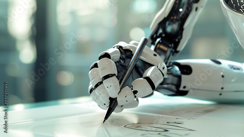 A futuristic ai robot, pen writing, chatbot assistant. The future of the profession is rabotized