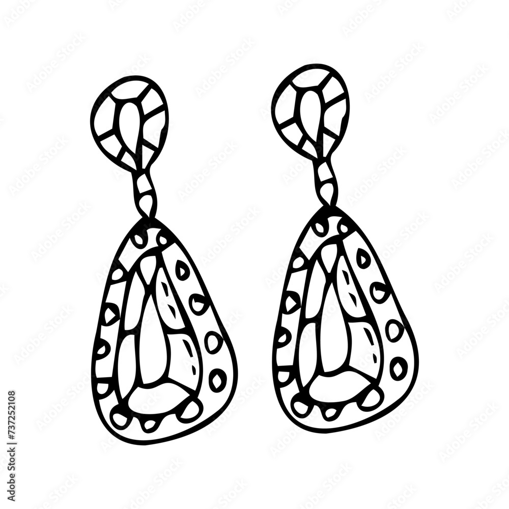 Hand drawn diamond earrings doodle vector illustration in drop shape. Can used for beauty banner for jewellery business. Drop earring sketch. 