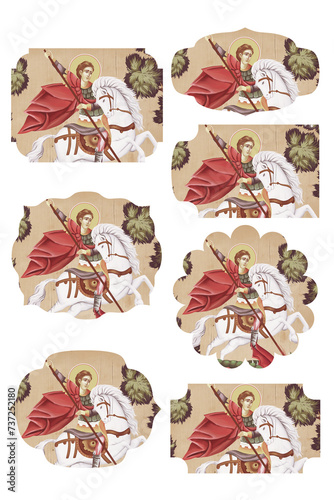 Saint George Killing the Dragon. Religious gift tags in Byzantine style isolated