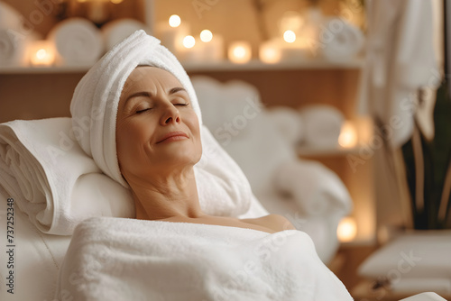 Mature age female on vacation. Elderly woman relaxing in spa. Concept of mental health  wellness  skin care. Senior lady with towel on her head happily resting in beauty salon.