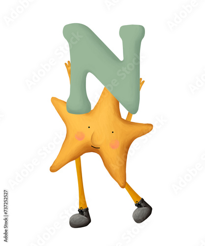 Bright cartoon alphabet. Cute and funny star with letter N. Illustration for kids on white background