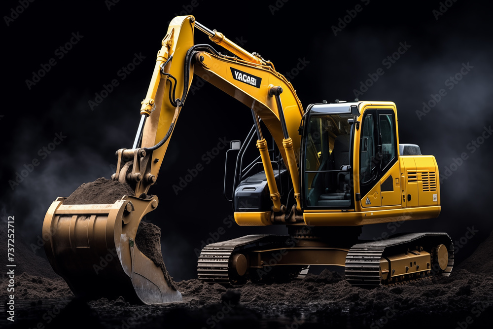 A powerful yellow excavator dominates the construction site