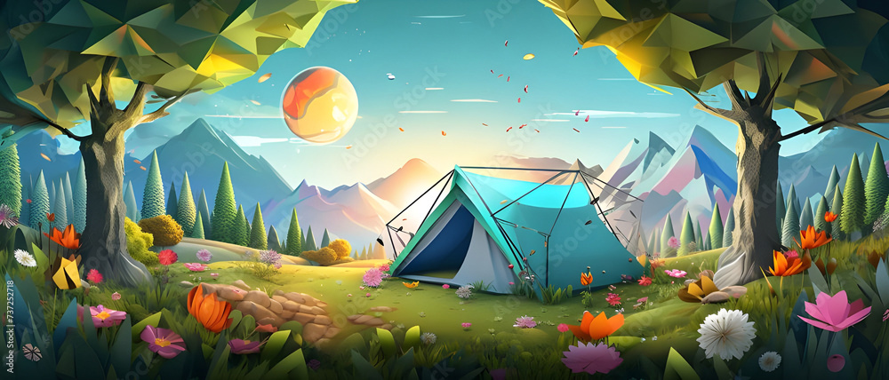 Naklejka premium Abstract geometric landscape illustration of camping flower tent tree - Ai generated