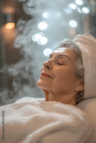 Elderly woman relaxing in spa. Concept of mental health  wellness  skin care. Senior lady with towel on her head happily resting in beauty salon. Mature age female on vacation.