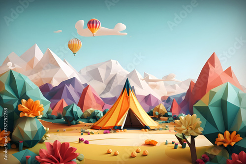 Abstract geometric landscape illustration of camping flower tent tree - Ai generated