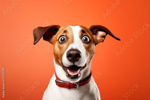 Surprised dog with wide eyes and open mouth, capturing a moment of dog wonder and curiosity. photo