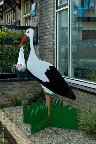 Cigogne avec un poupon dans le bec , Ile de Terschelling  Pays Bas photo