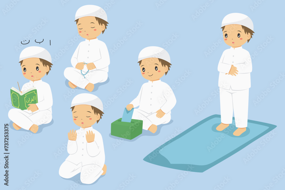 Muslim kids cartoon vector set. Muslim boy praying, reading Quran, shalat, doing dhikr and giving sadaqah or charity Muslim kids cartoon vector set. Muslim boy praying, reading Quran, shalat, doing dhikr and giving sadaqah or charity