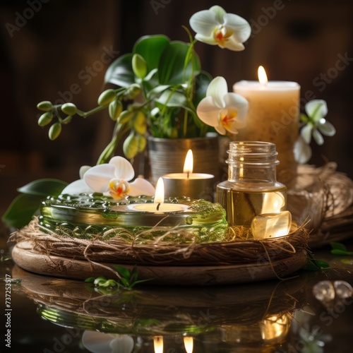 Spa decoration with candle  massage oil  flowers. Spa products in spa room. Spa products conception