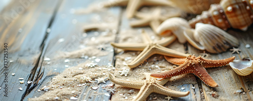 Seashells, starfish, seashells on a wooden deck on the ocean shore. Summer travel, kids holidays on the sea side, sea coast, tropical beach. Concept of vacation for banner, postcard with copy space.