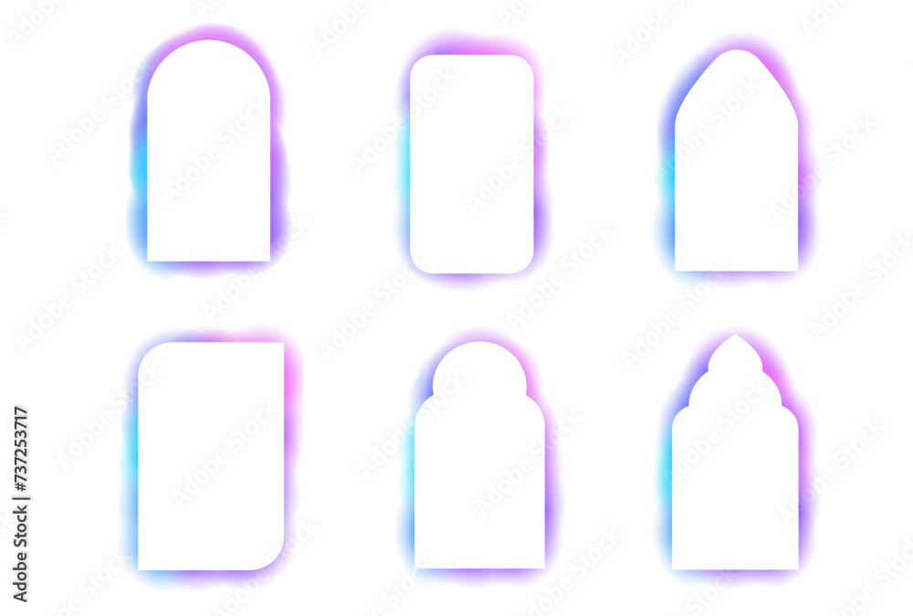 Y2k aura frame abstract arch, blur shapes, borders, rainbow spectrum shine color isolated on white background. 