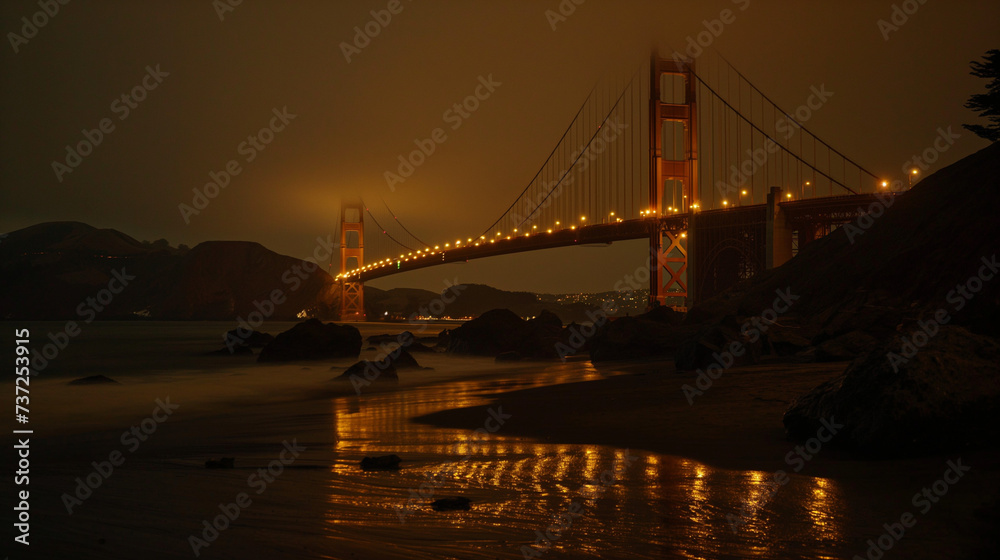 Golden Gate Bridge Illuminated at Night, Majestic Coastal Landmark with Glowing Lights Reflecting on Seashore
