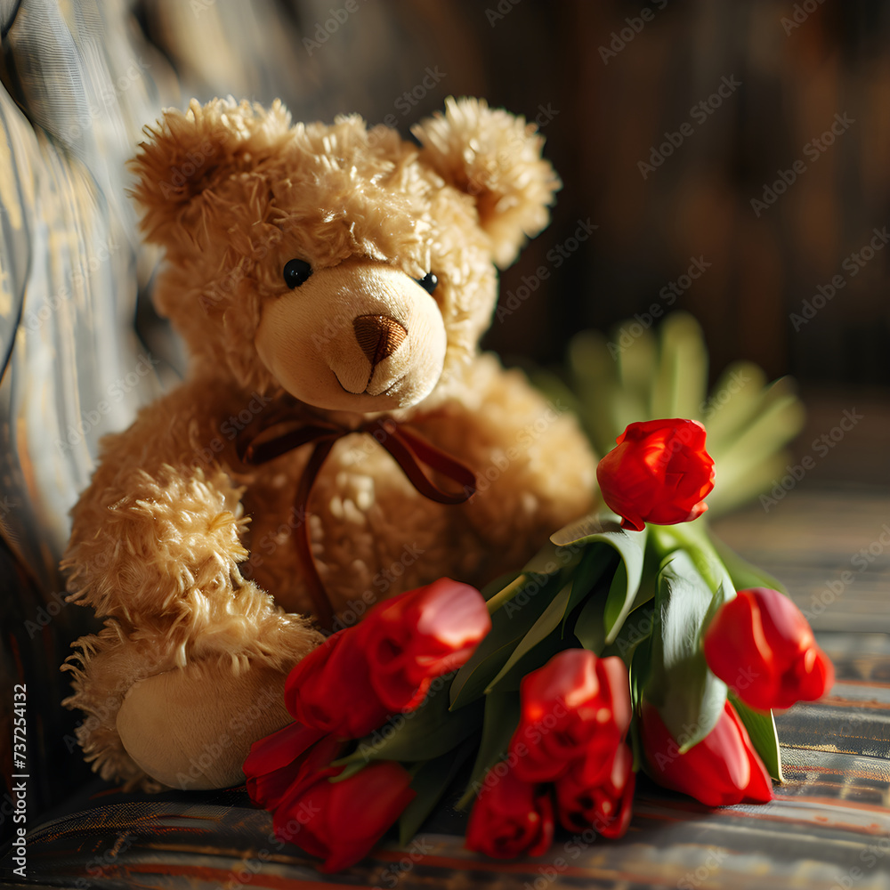 Close up photo of teddy bear with bouquet of red tulips on blurred background. Holiday gift concept for World Women's Day, March 8, birthday, anniversary with copy space. Banner, postcard.