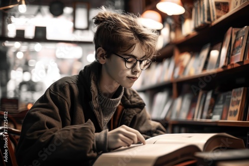 Teen engrossed in literature in a quiet bookstore, a reflection of youthful intellect and the joy of solitary exploration in a world of words, Generative AI