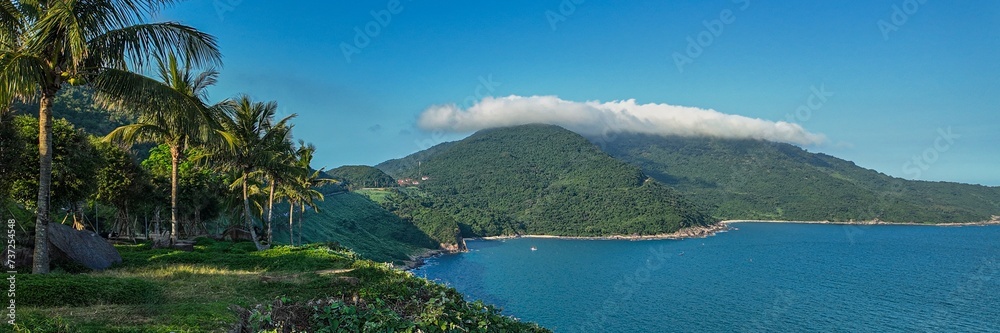 Panoramic view of a tropical coastline with lush green mountains, palm trees, and clear blue sea under a sunny sky, ideal for travel and vacation concepts