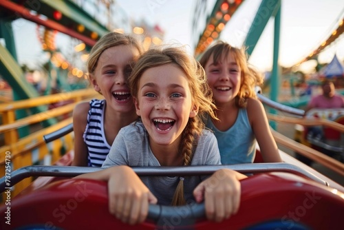 Mother and two children riding a rollercoaster at an amusement park or state fair, experiencing excitement, joy, laughter and summer fun, Generative AI