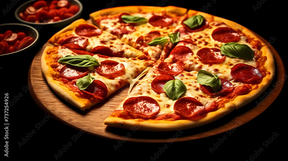 Pizza with melted and runny cheese floating under beautiful light Pizza with melted and runny cheese floating under beautiful light