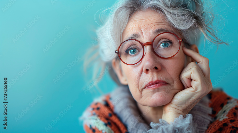 Retrato de una mujer mayor con cara de aburrimiento, escepticismo, duda o incredulidad sobre un fondo azul liso - obrazy, fototapety, plakaty 