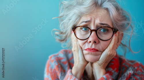 Retrato de una mujer mayor con cara de aburrimiento, escepticismo, duda o incredulidad sobre un fondo azul liso