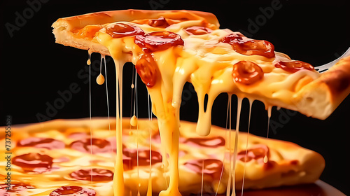Pizza with melted and runny cheese floating under beautiful light