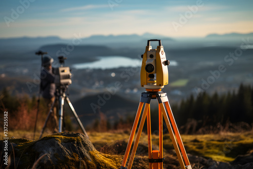 Surveyors working with digital level and tablet in the field. World Surveyors Day.