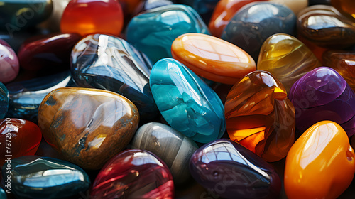 Close-up of colorful polished pebbles, close-up of stone