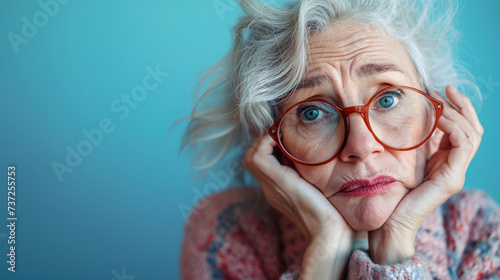 Retrato de una mujer mayor con cara de aburrimiento, escepticismo, duda o incredulidad sobre un fondo azul liso photo