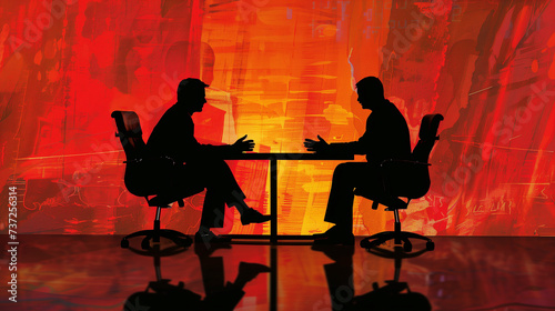 Dynamic Business Negotiation Silhouette: Two Executives Discussing Strategies in High-Contrast Corporate Setting