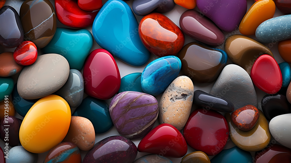 Close-up of colorful polished pebbles, close-up of stone Close-up of colorful polished pebbles, close-up of stone